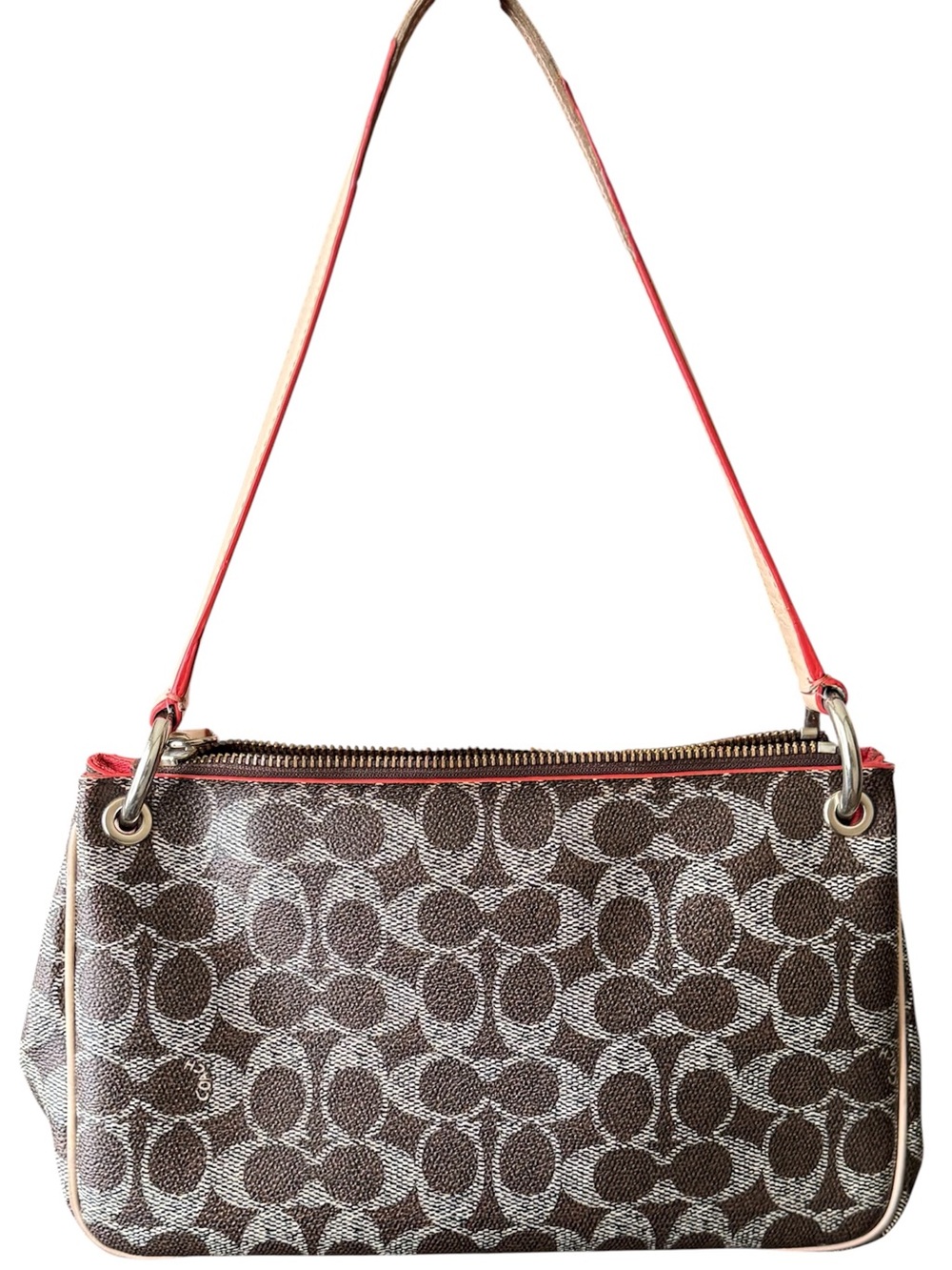 Coach Brown Signature Canvas Shoulder Bag with Red Trim
